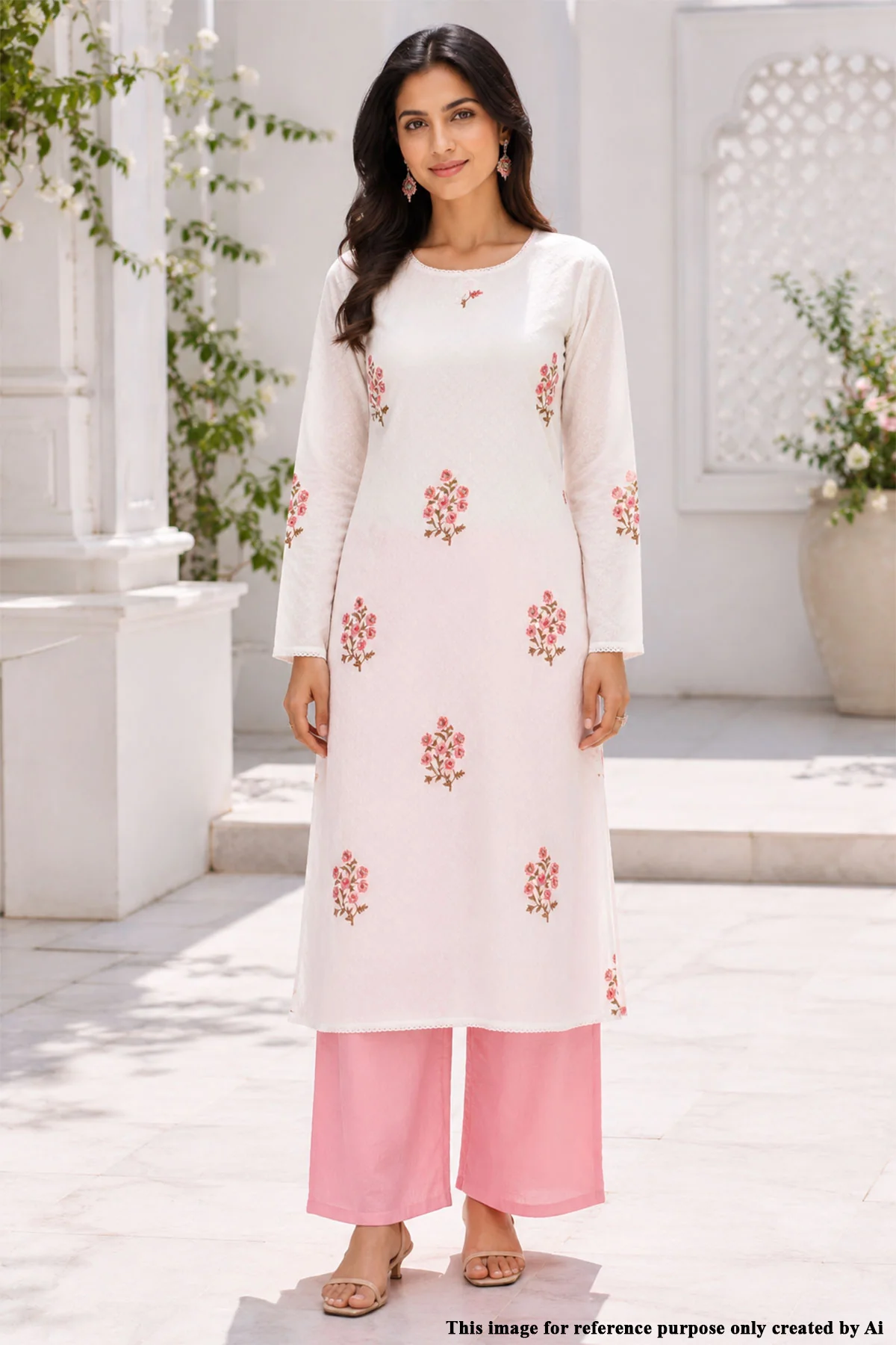 Cream & Pink Floral Printed Cotton Unstitched Suit Set - Image 4