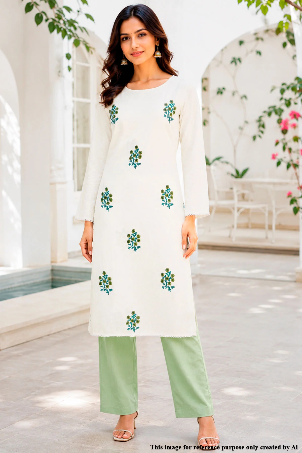 Cream & Pista Printed Cotton Unstitched Suit Set - Image 4