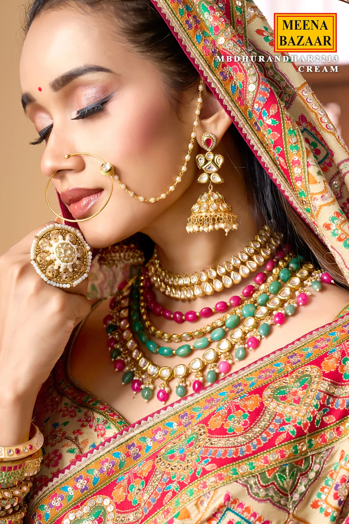 Cream printed satin silk embellished saree - Image 2