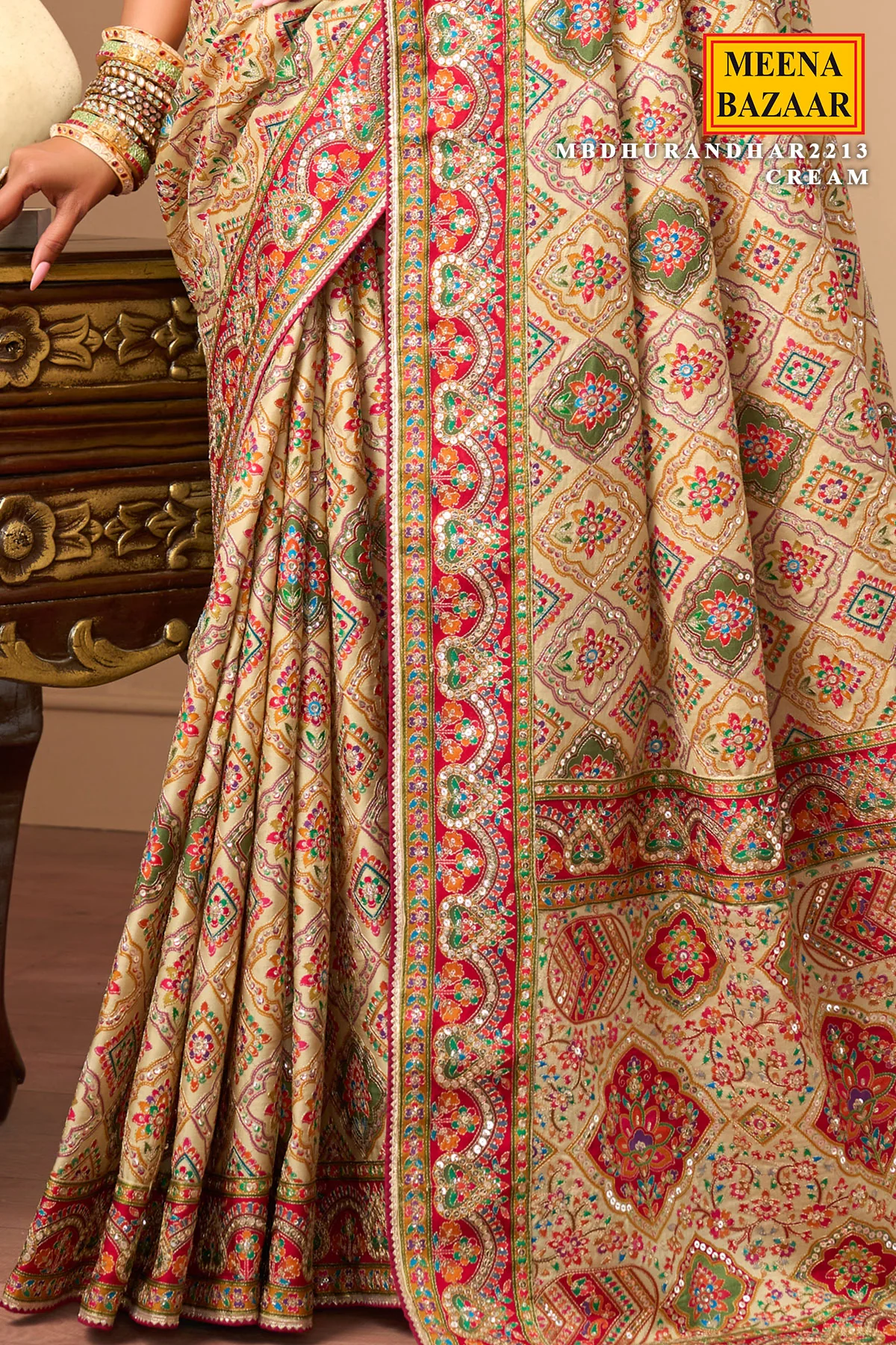 Cream printed satin silk embellished saree - Image 3