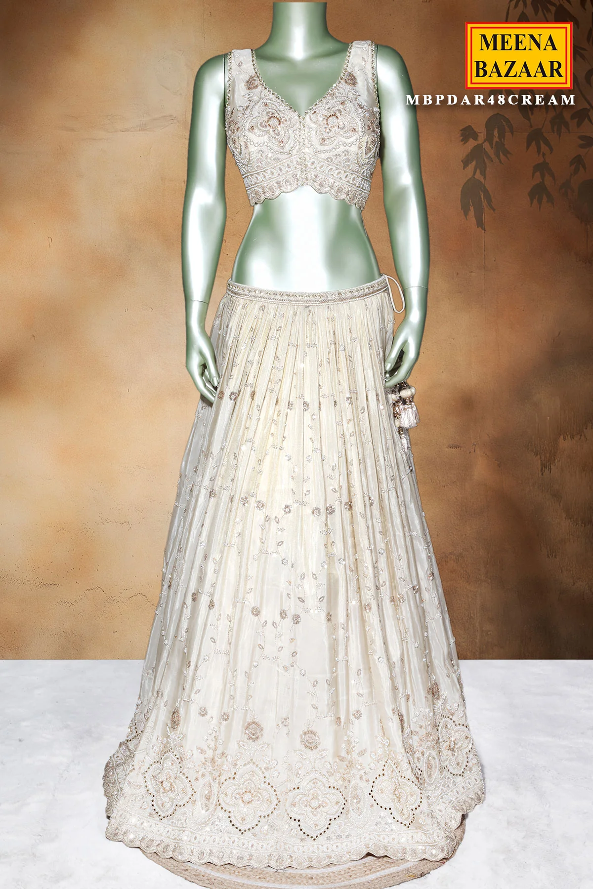 Cream Shimmer Lehenga with Cut Dana, Zari & Sequin Work - Image 2