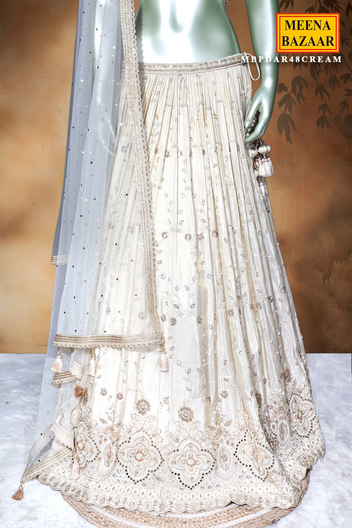 Cream Shimmer Lehenga with Cut Dana, Zari & Sequin Work - Image 3