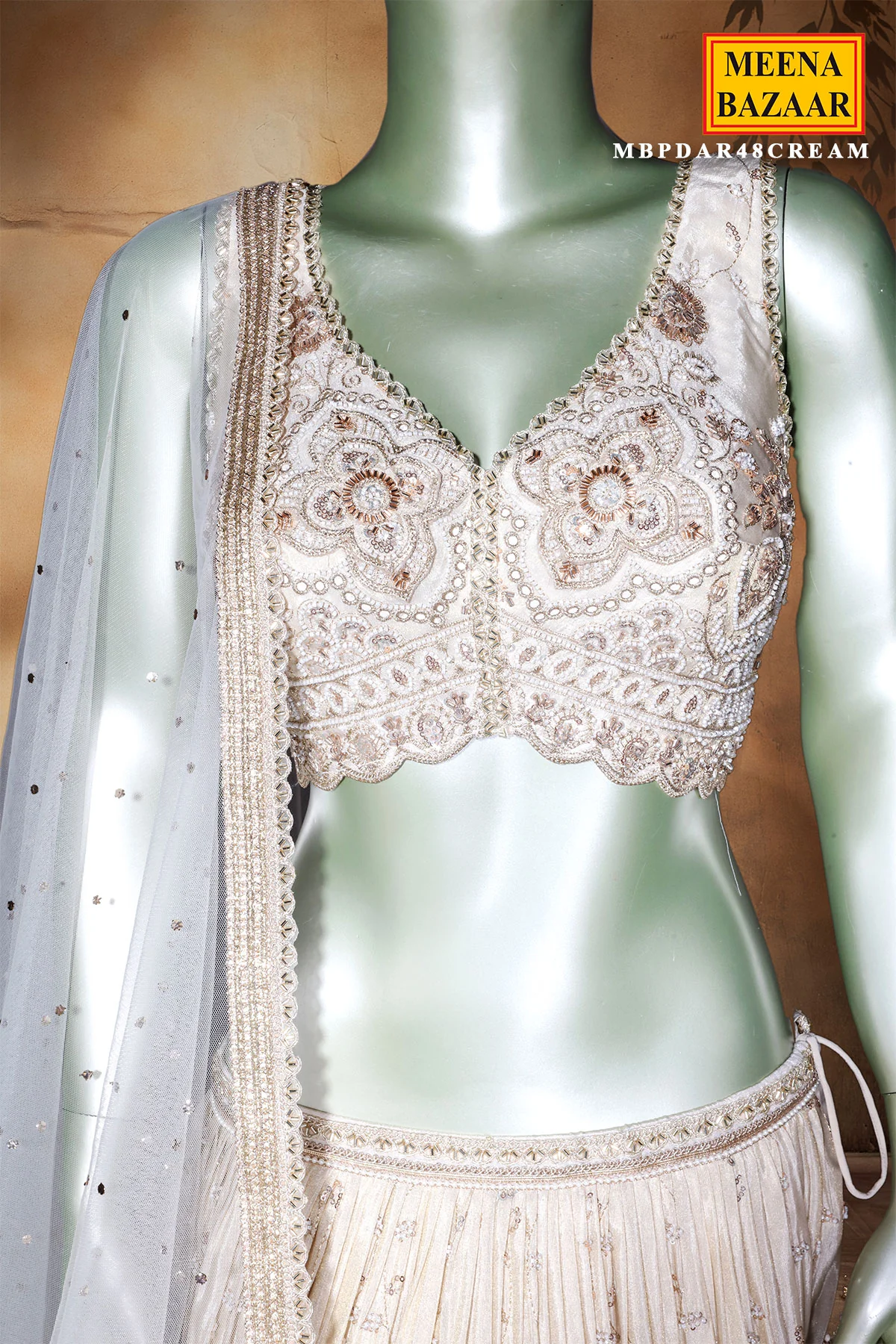 Cream Shimmer Lehenga with Cut Dana, Zari & Sequin Work - Image 4