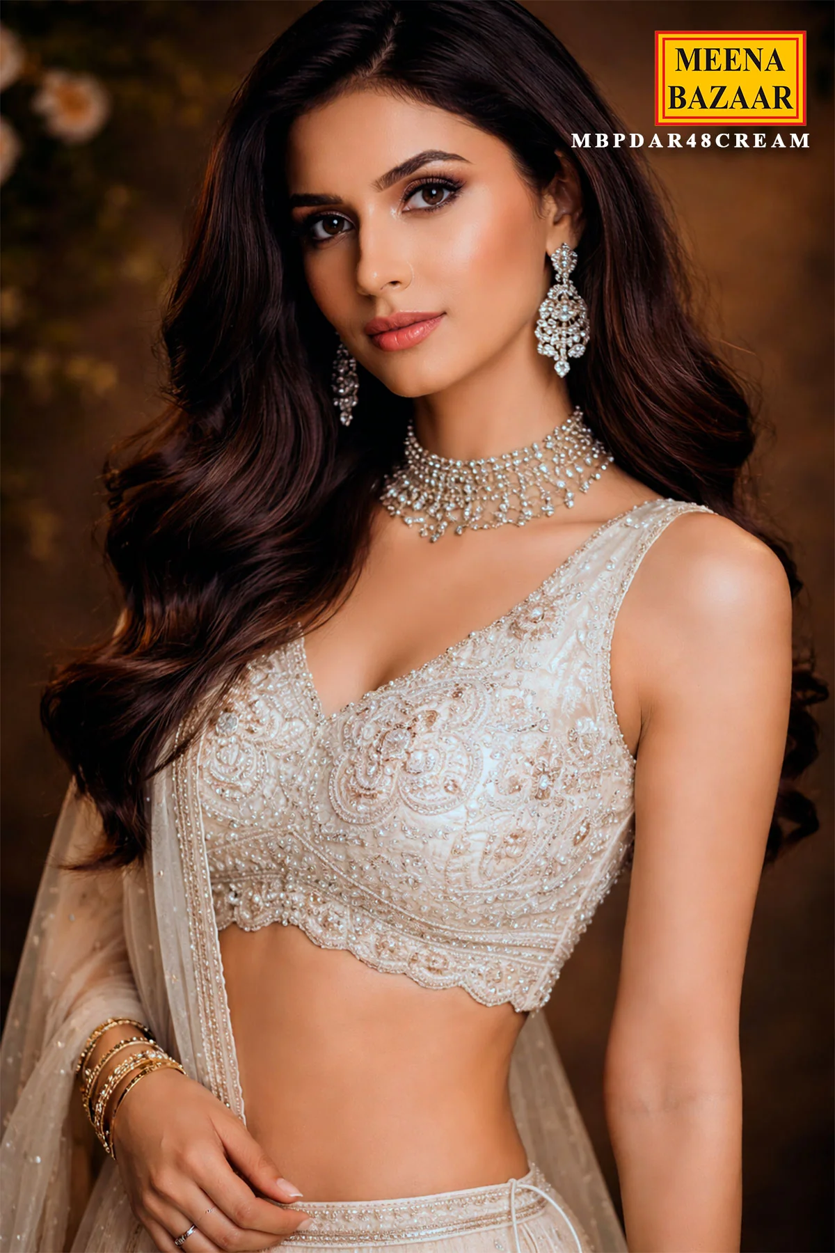 Cream Shimmer Lehenga with Cut Dana, Zari & Sequin Work - Image 5