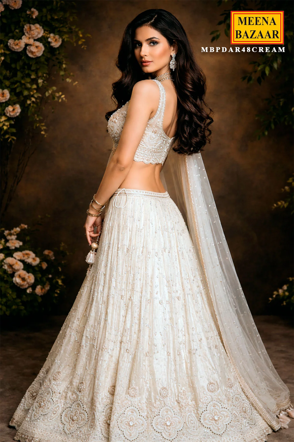 Cream Shimmer Lehenga with Cut Dana, Zari & Sequin Work - Image 6