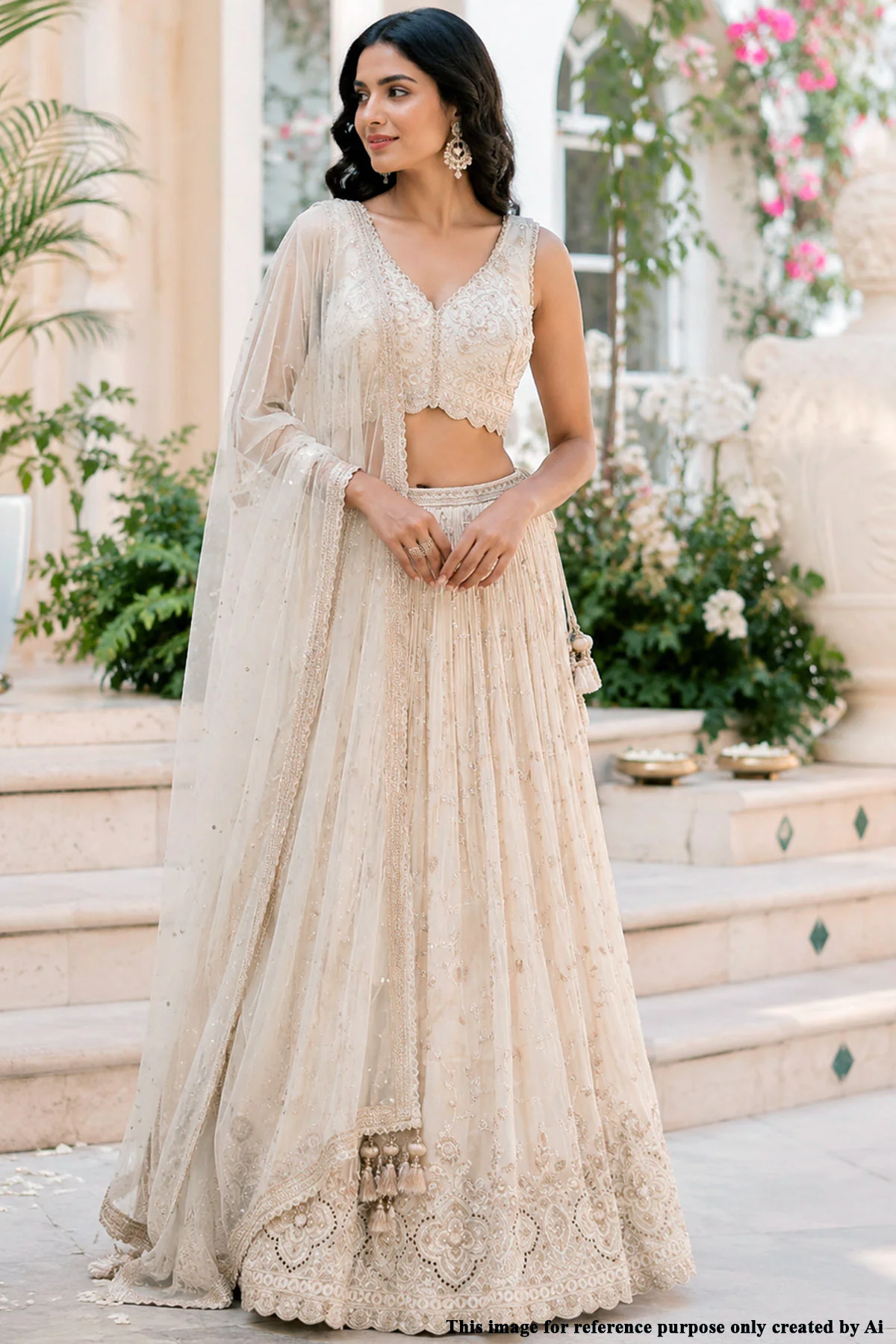 Cream Shimmer Lehenga with Cut Dana, Zari & Sequin Work - Image 7