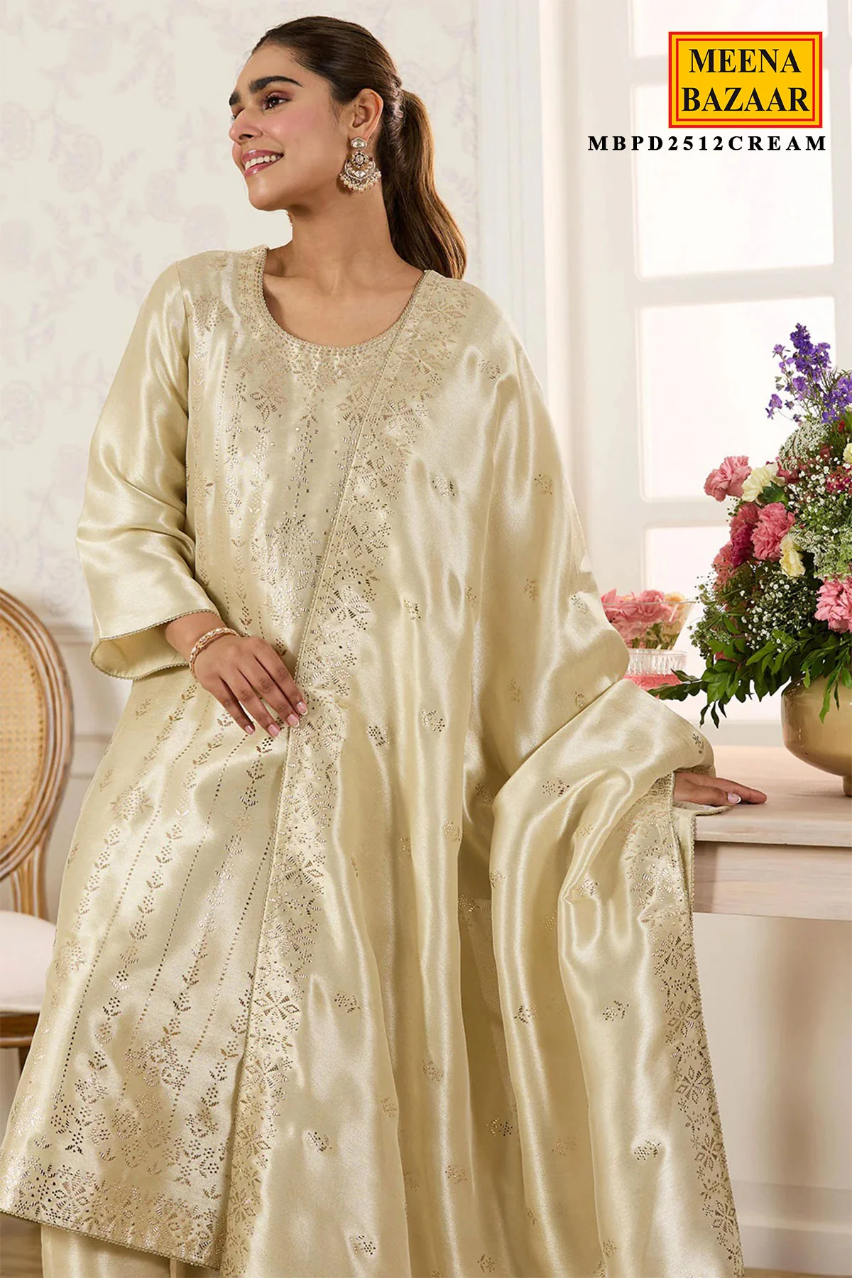 Cream Shisha Silk Work Unstitched Suit Material - Image 2