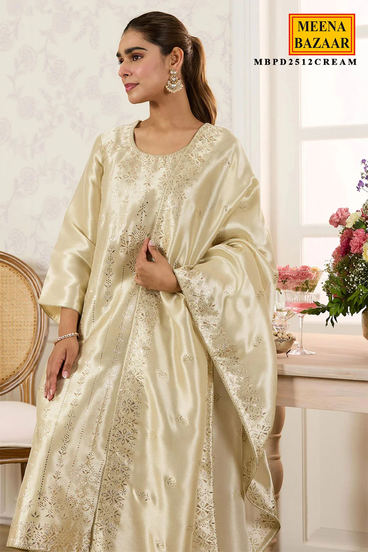 Cream Shisha Silk Work Unstitched Suit Material - Image 3