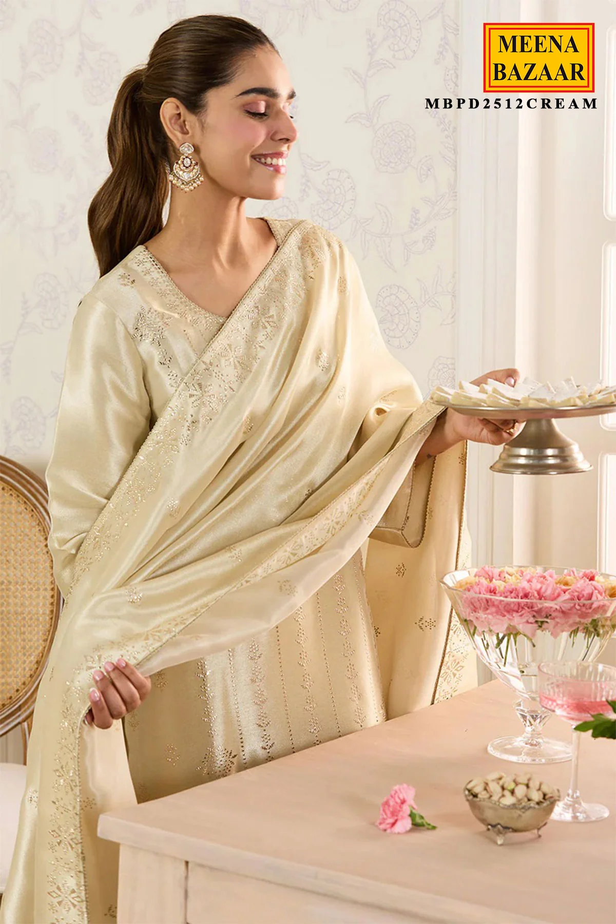 Cream Shisha Silk Work Unstitched Suit Material - Image 4