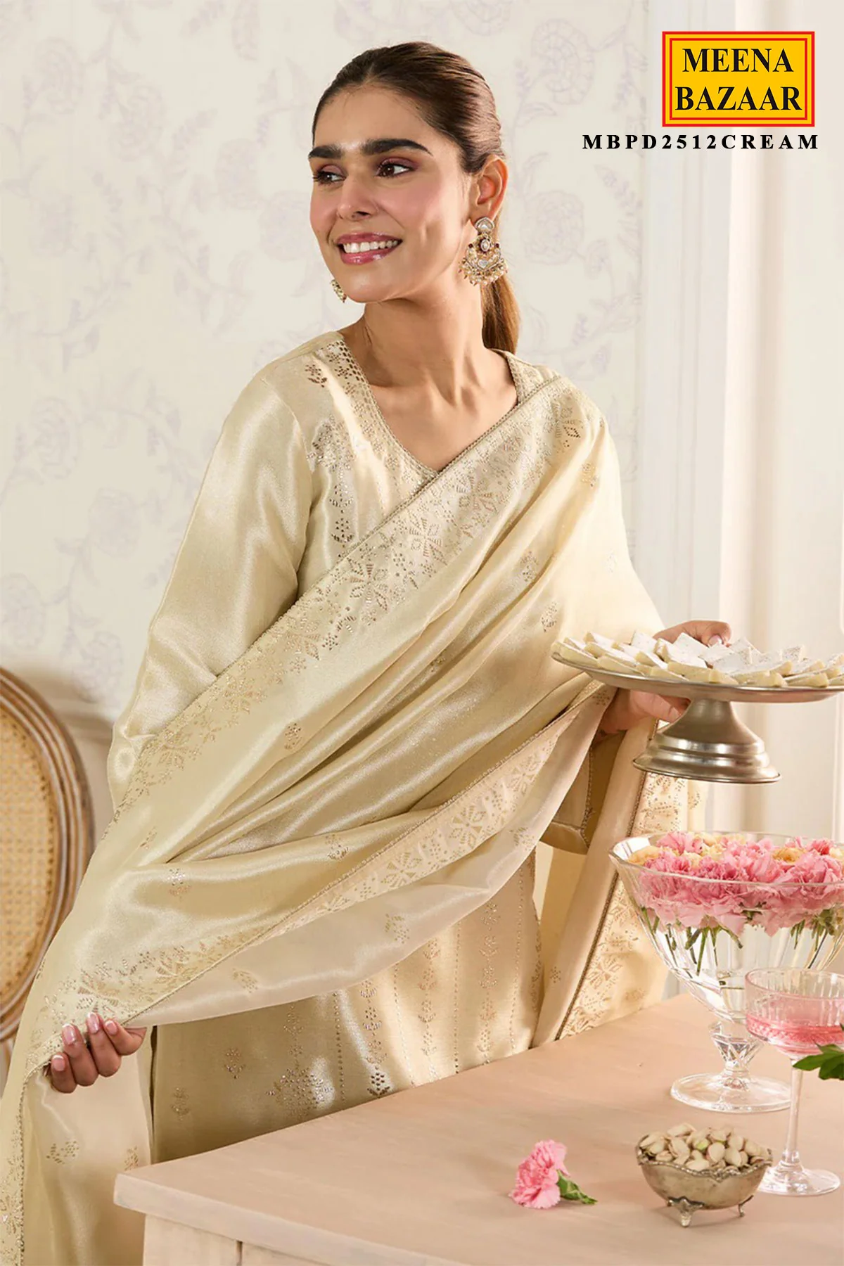 Cream Shisha Silk Work Unstitched Suit Material - Image 5