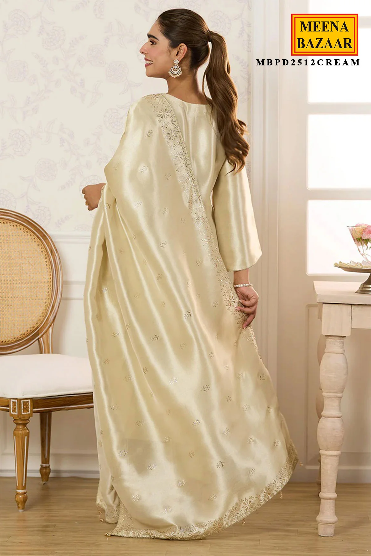Cream Shisha Silk Work Unstitched Suit Material - Image 7