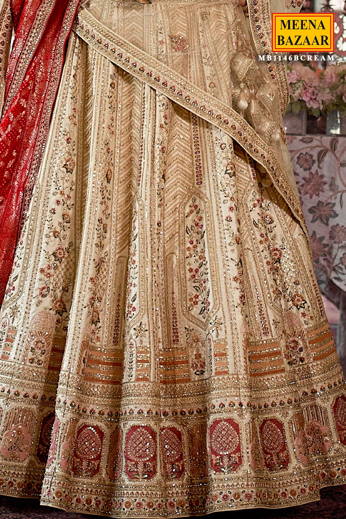 Cream Silk Zari and Sequin Embroidered Lehenga – Elegant Wedding Wear - Image 3