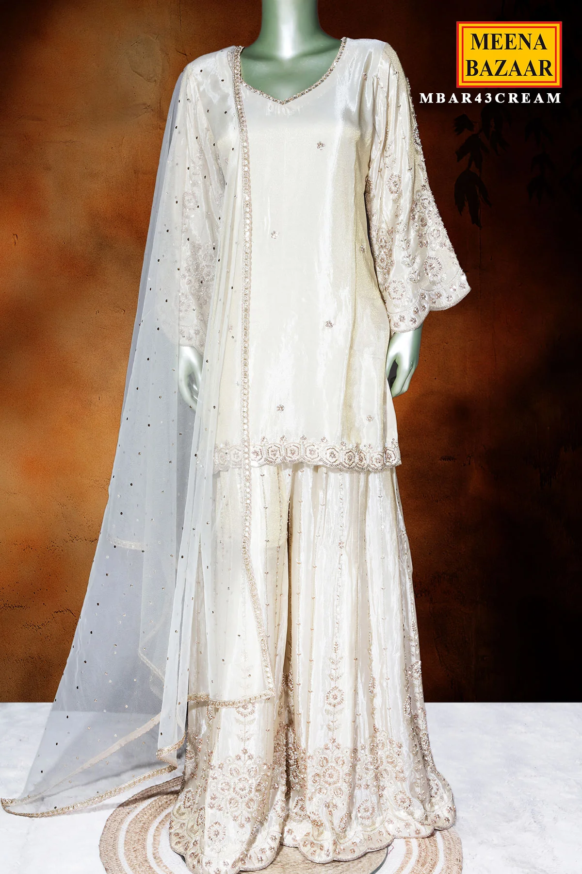 Cream Tissue Ready-Made Suit with Handcrafted Sequins & Cut Dana Work - Image 3