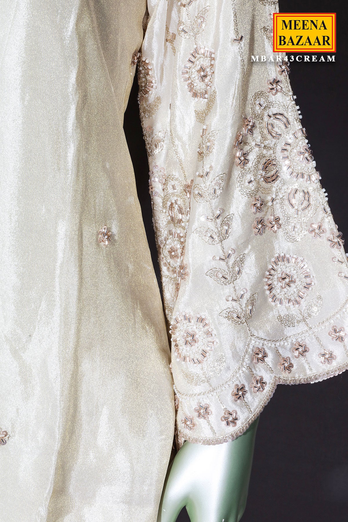Cream Tissue Ready-Made Suit with Handcrafted Sequins & Cut Dana Work - Image 5