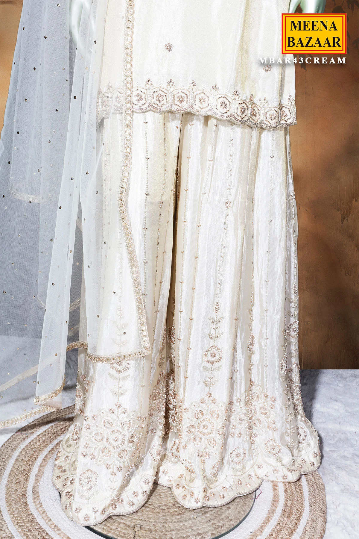 Cream Tissue Ready-Made Suit with Handcrafted Sequins & Cut Dana Work - Image 6
