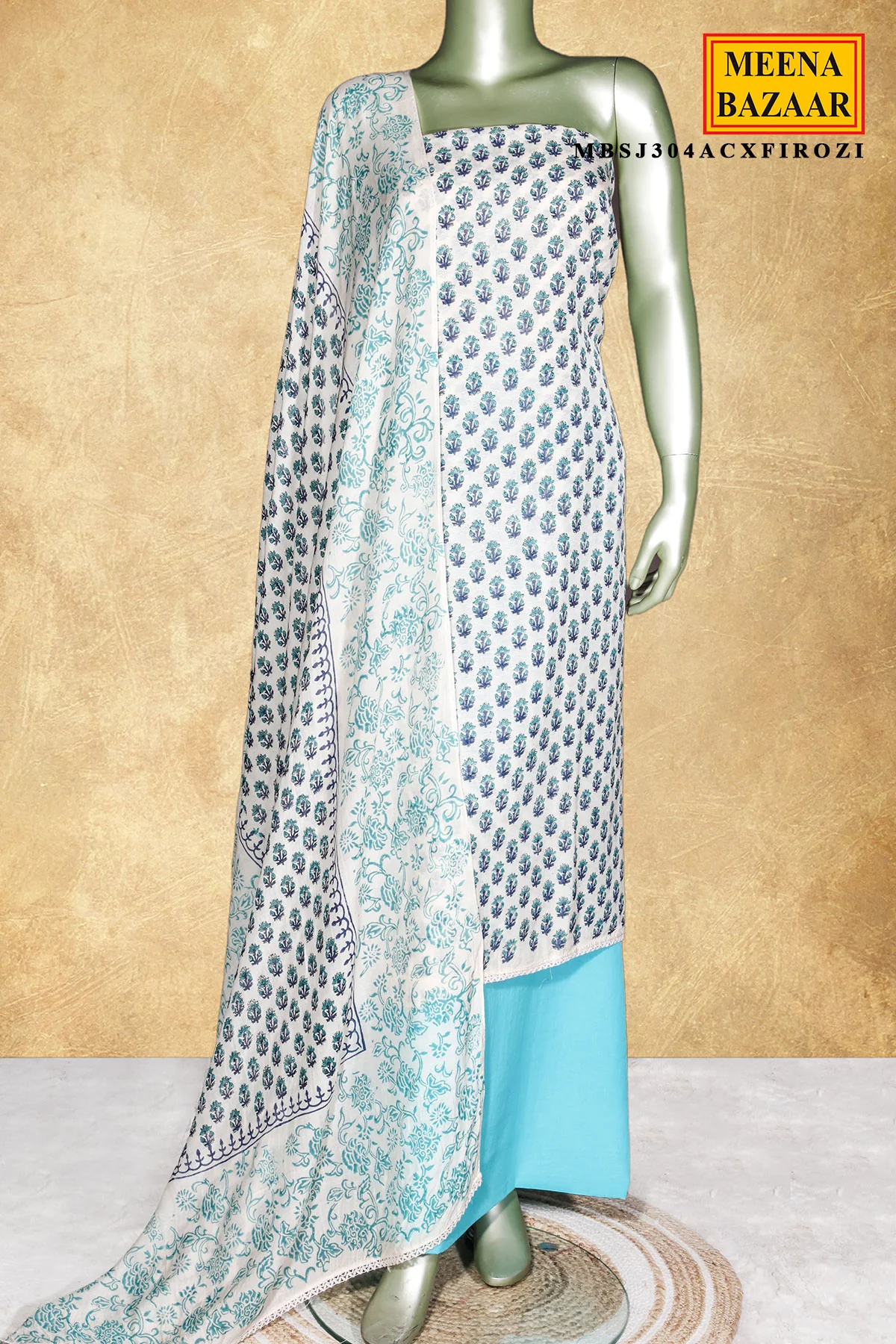 Cream X Firozi Printed Cotton Unstitched Suit Set - Image 2