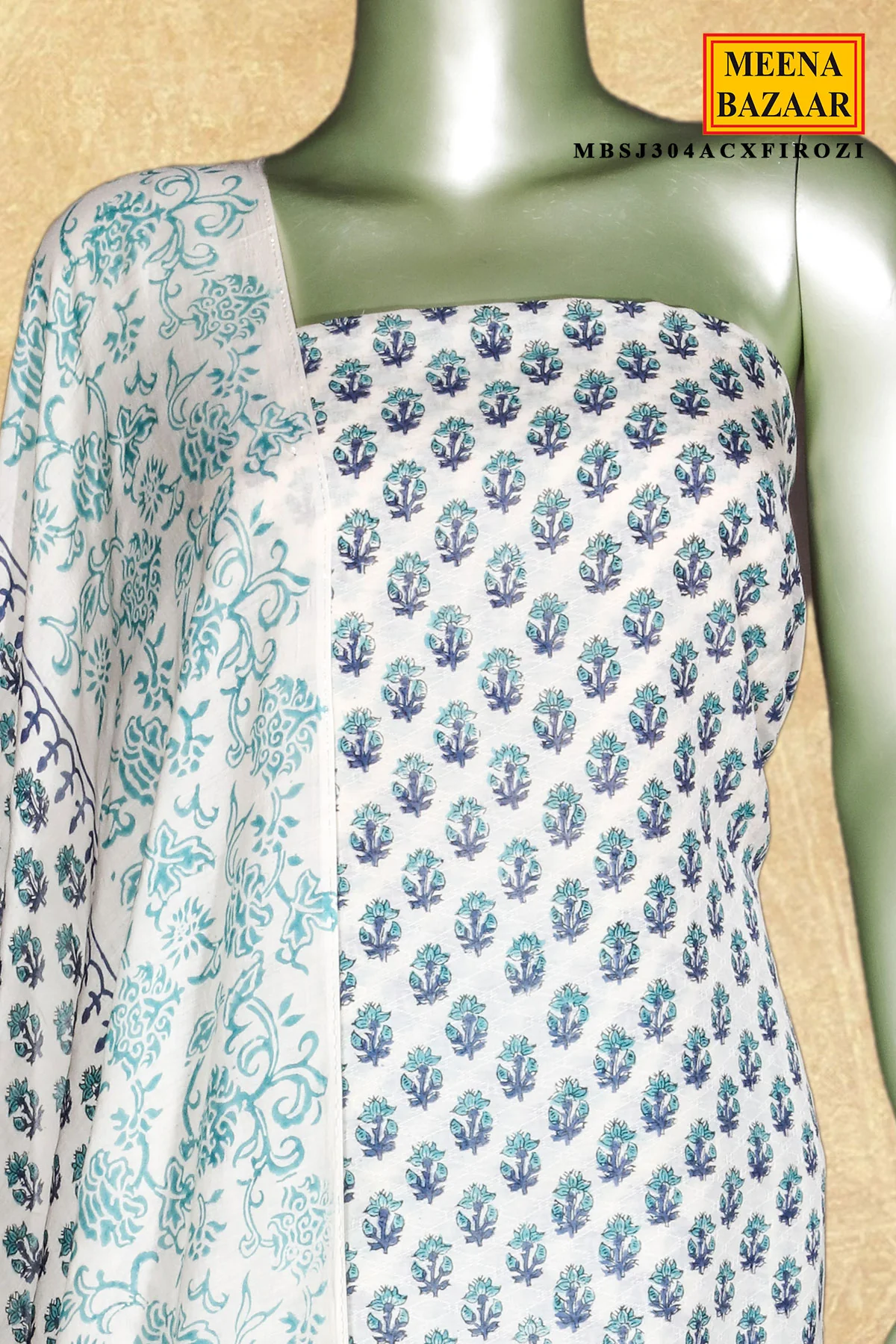 Cream X Firozi Printed Cotton Unstitched Suit Set - Image 3