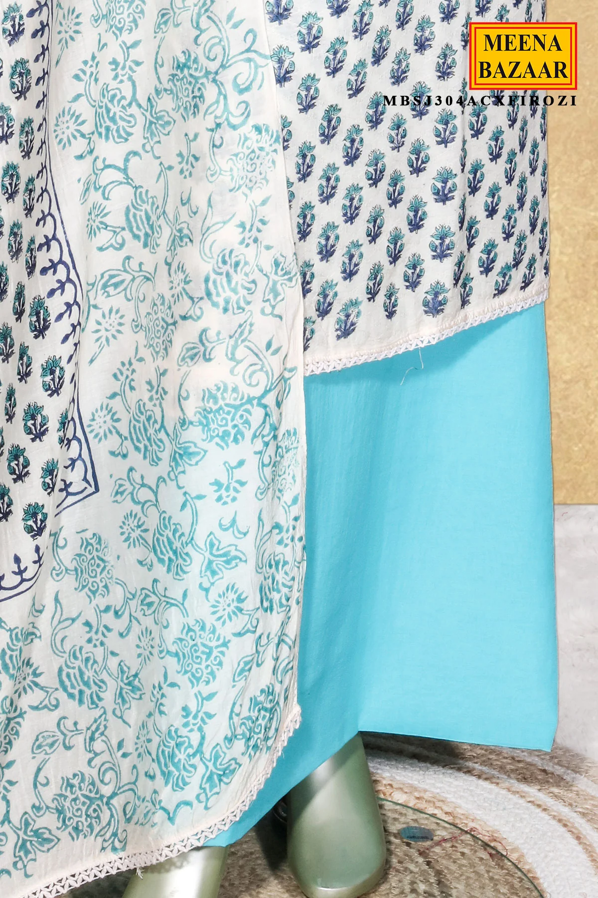 Cream X Firozi Printed Cotton Unstitched Suit Set - Image 4