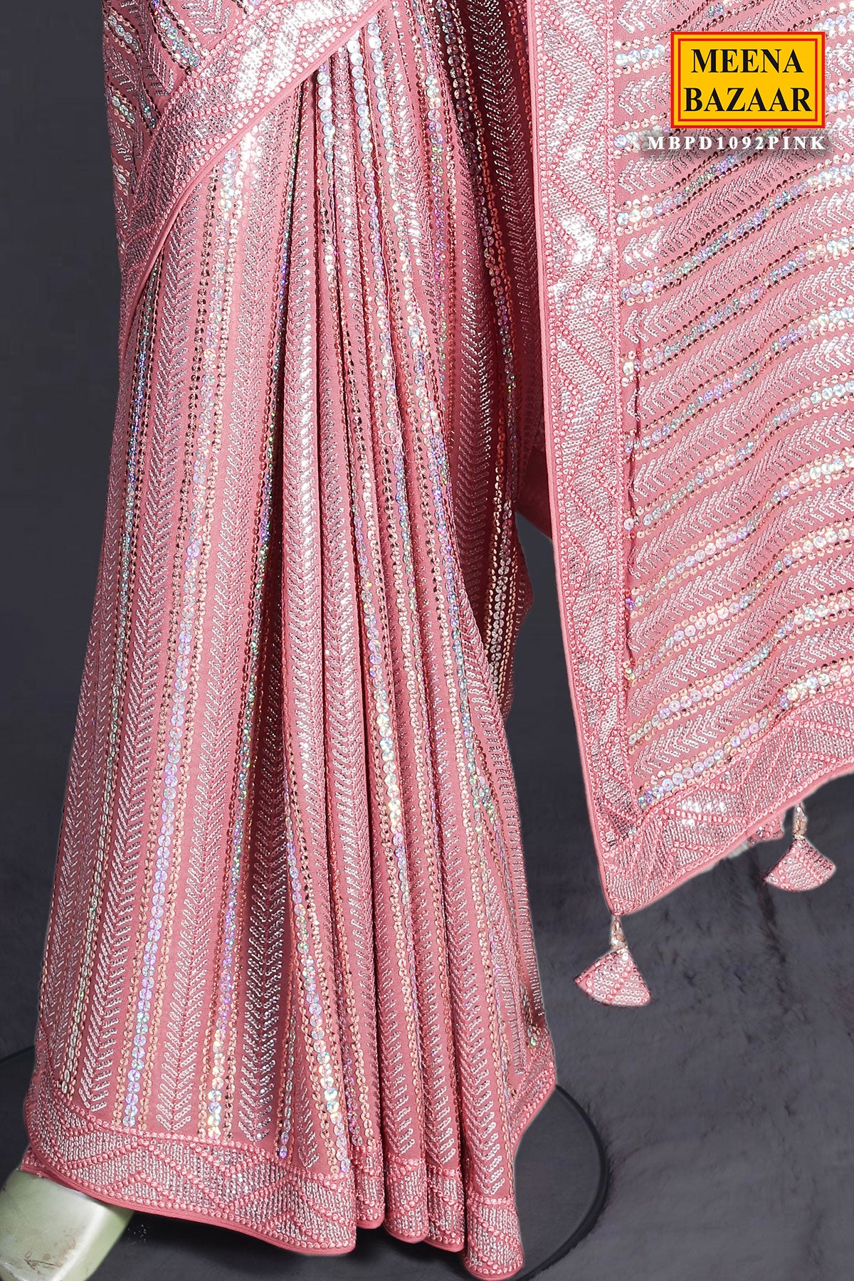 Deep Salmon Pink Georgette Sequin  Embroidered Saree - Image 3