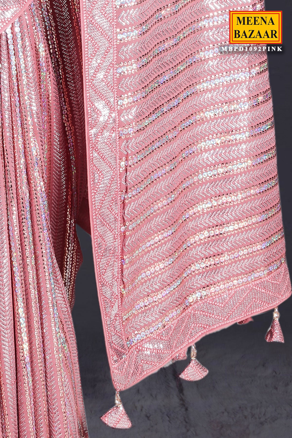 Deep Salmon Pink Georgette Sequin  Embroidered Saree - Image 4