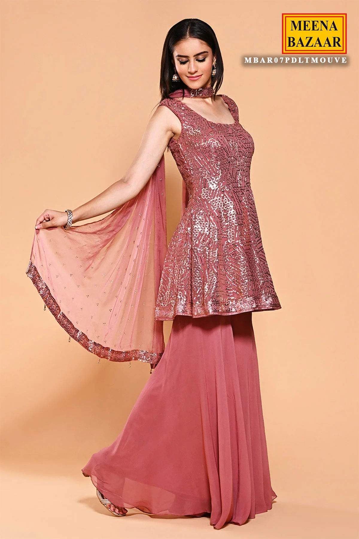 Dusty Pink Georgette Sequin Embroidered Peplum Sharara Suit - Image 3