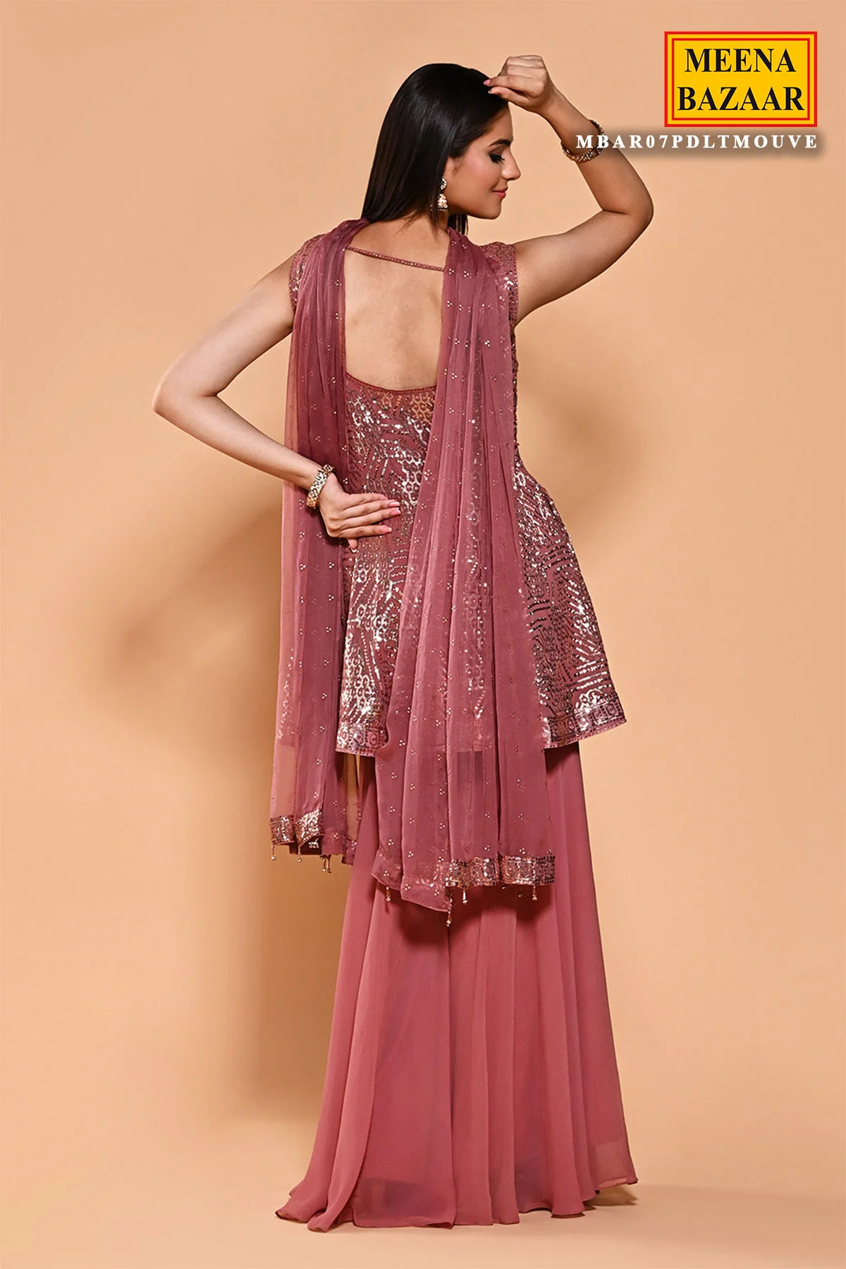 Dusty Pink Georgette Sequin Embroidered Peplum Sharara Suit - Image 4