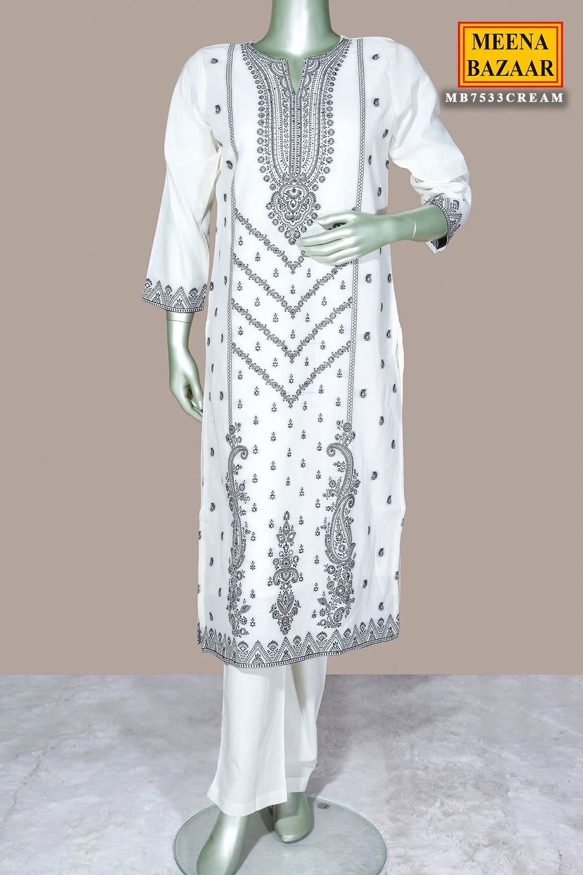 Elegant Cream Cotton Ready Made Suit with Classic Ethnic Appeal - Image 3