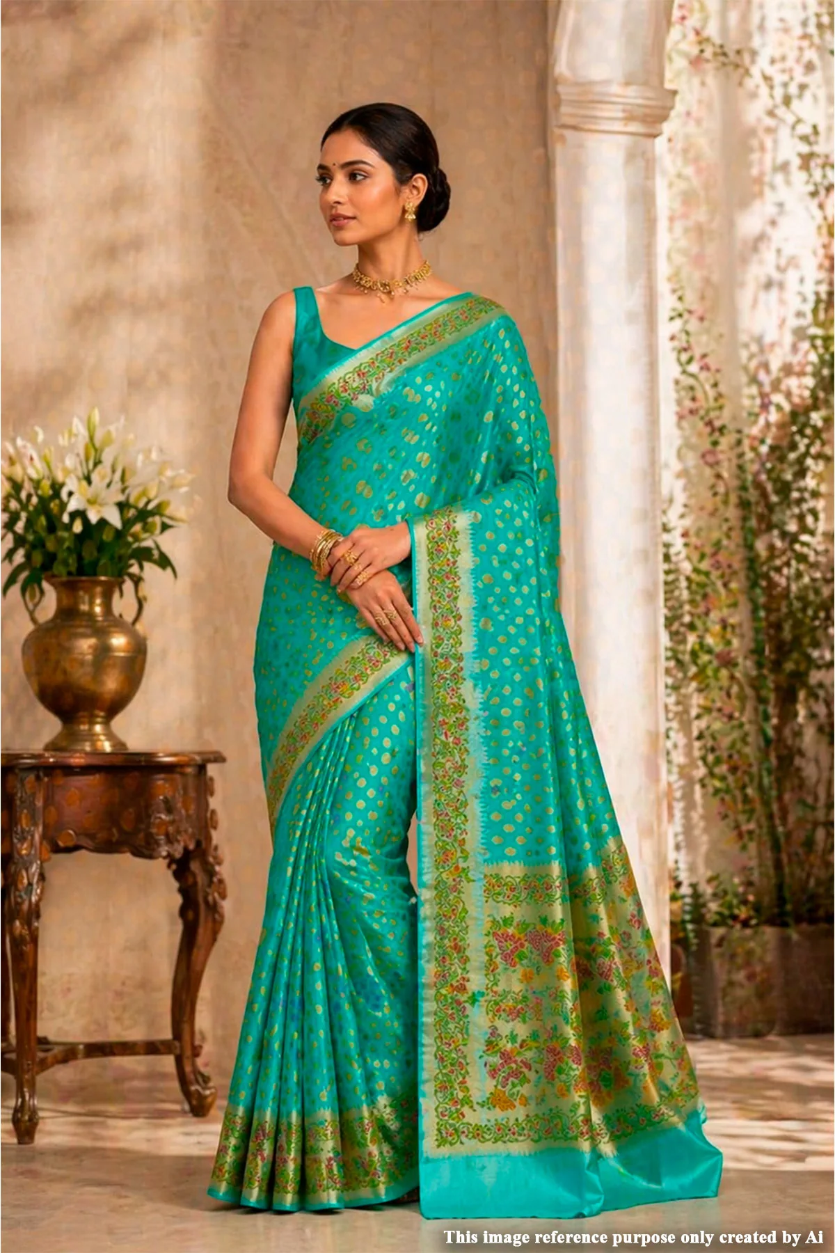 Elegant Firozi Khaddi Saree with Floral Border