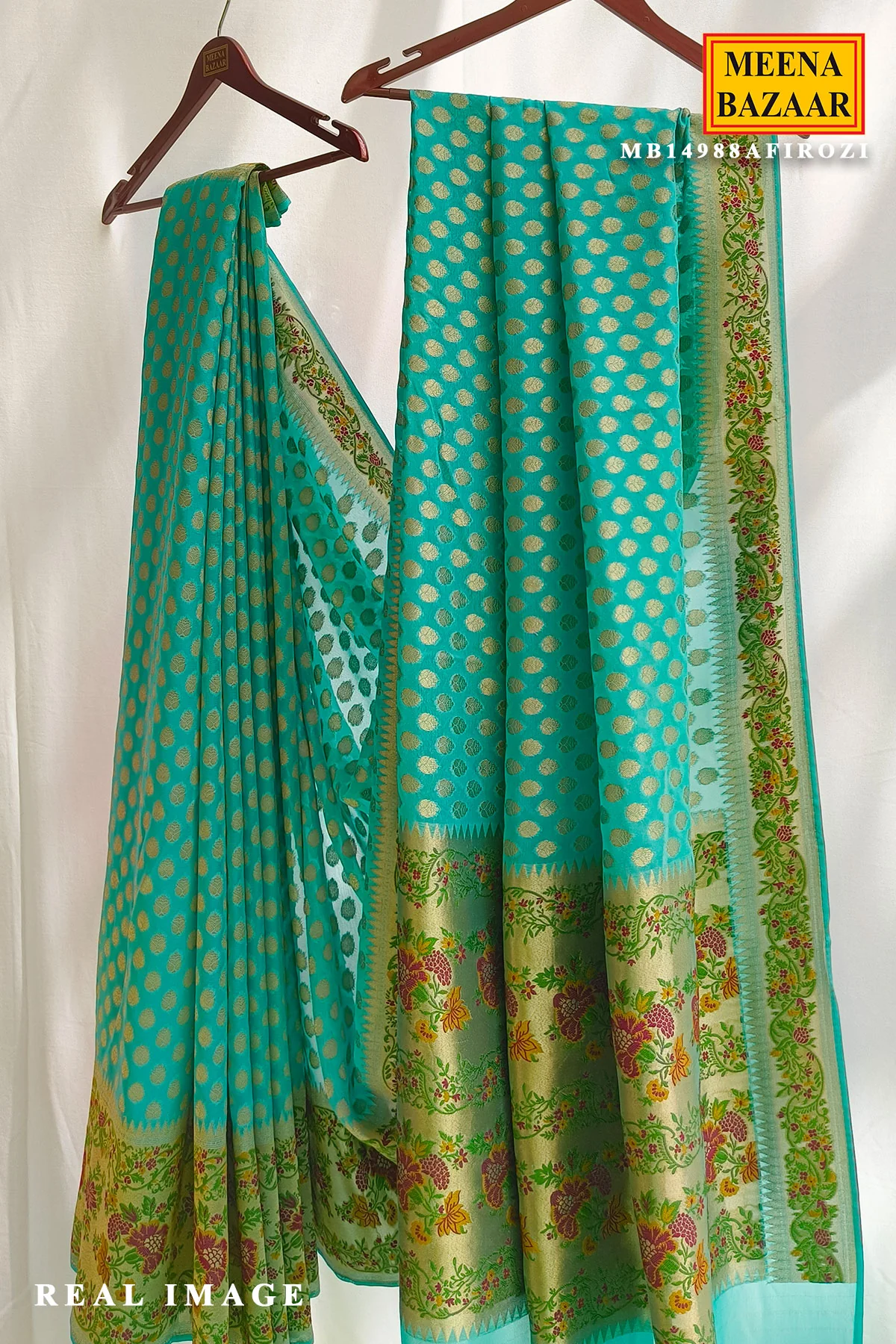 Elegant Firozi Khaddi Saree with Floral Border - Image 2