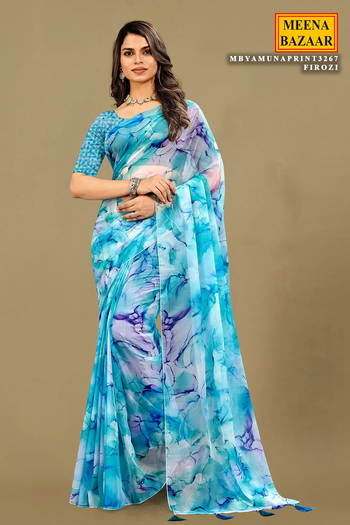 Elegant Firozi Organza Printed Saree for Graceful Ethnic Look - Image 2