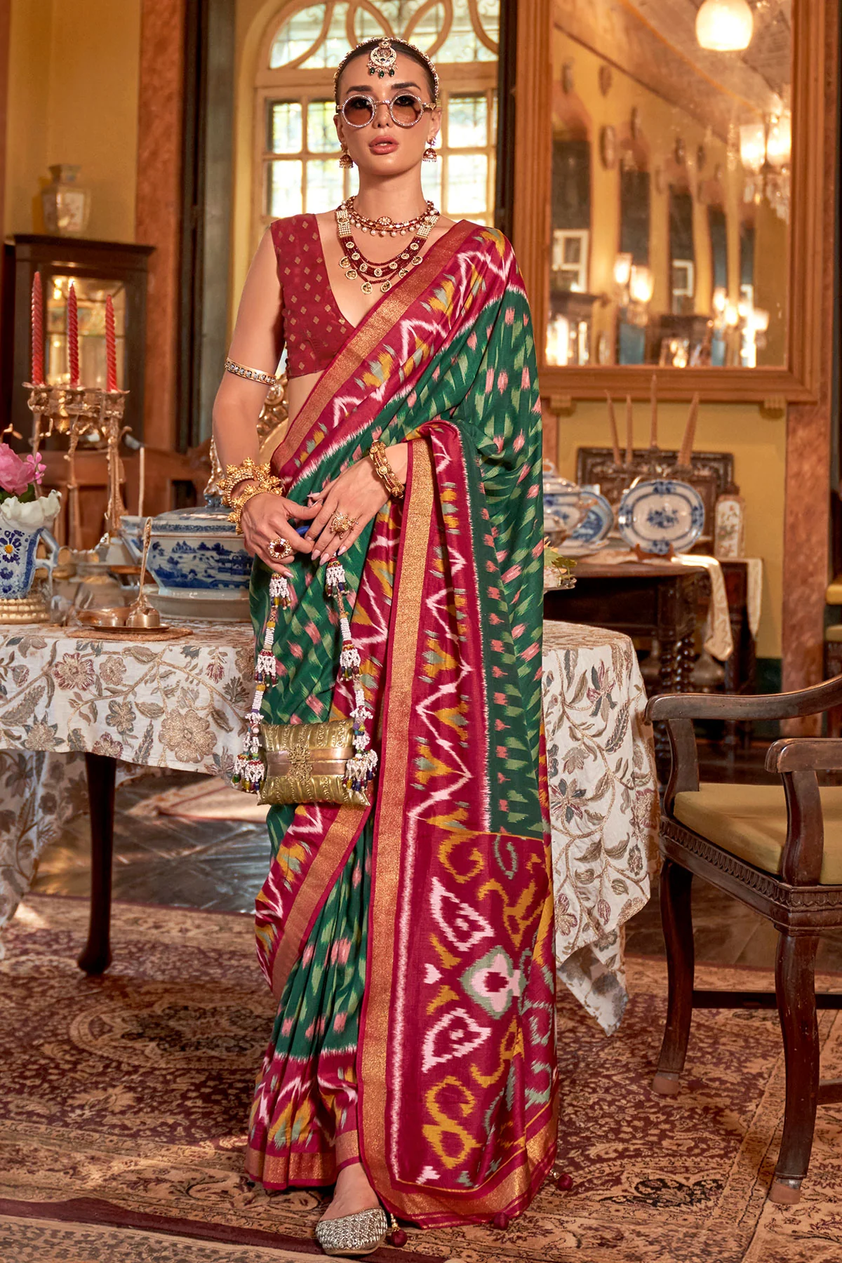 Elegant Green Silk Saree with Patola Palav Print