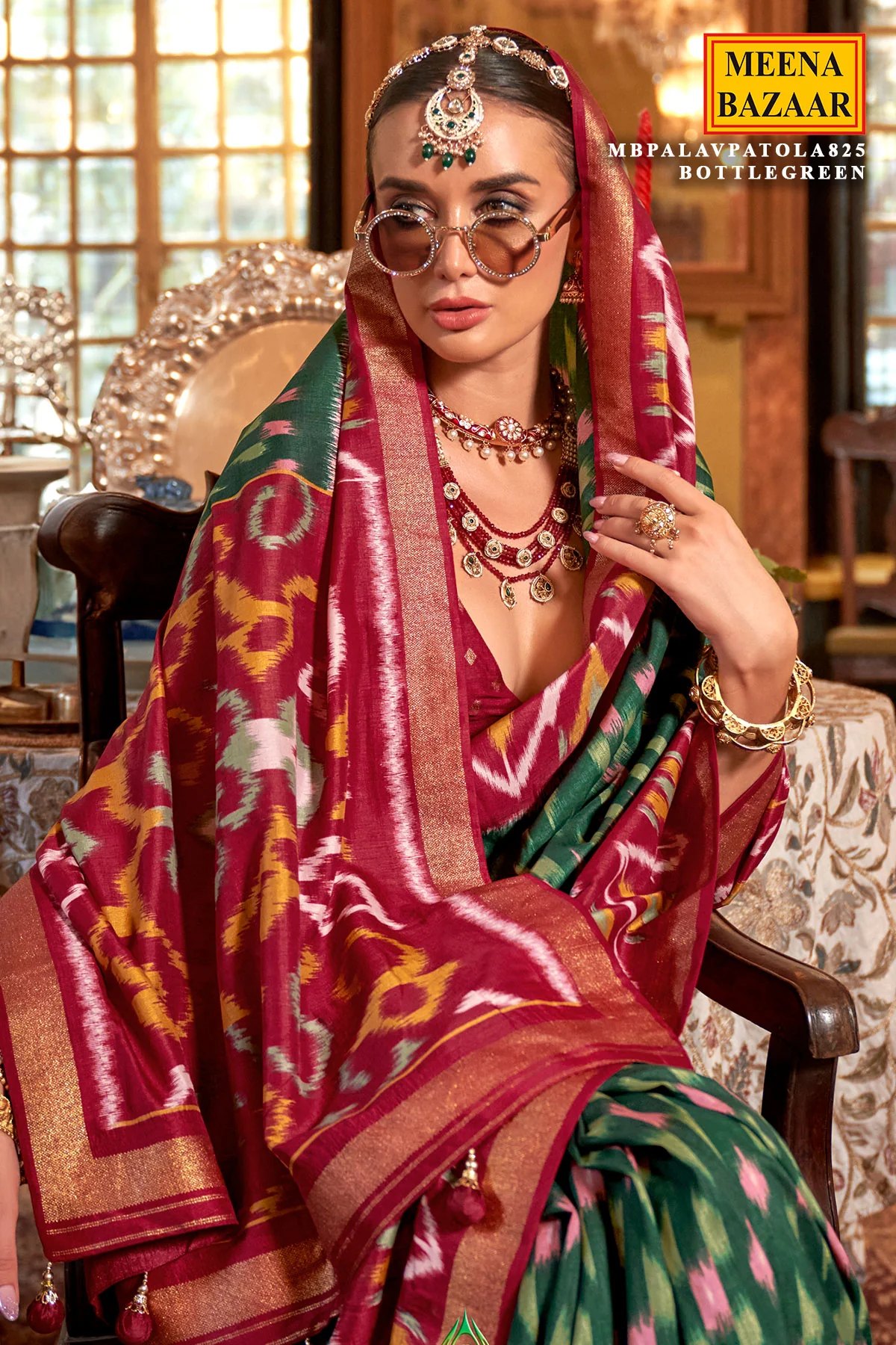 Elegant Green Silk Saree with Patola Palav Print - Image 2