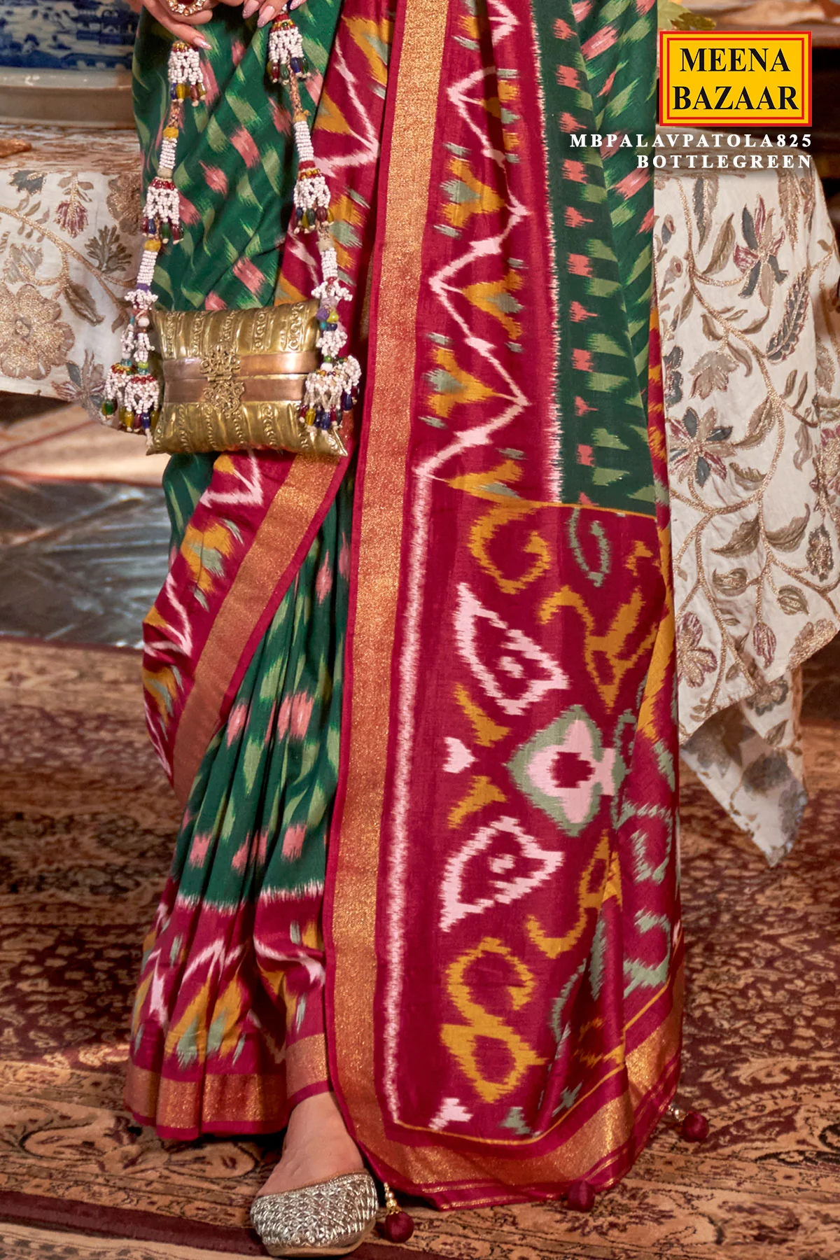 Elegant Green Silk Saree with Patola Palav Print - Image 3