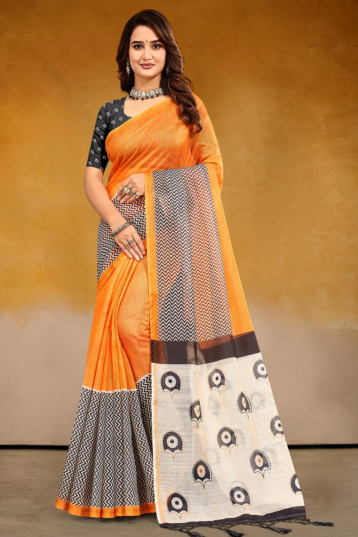 Elegant Orange Organza Saree with Printed Design