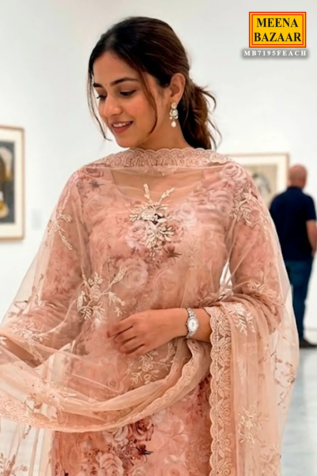 Elegant Peach Maslin Unstitched Suit with Embroidered Detailing - Image 2