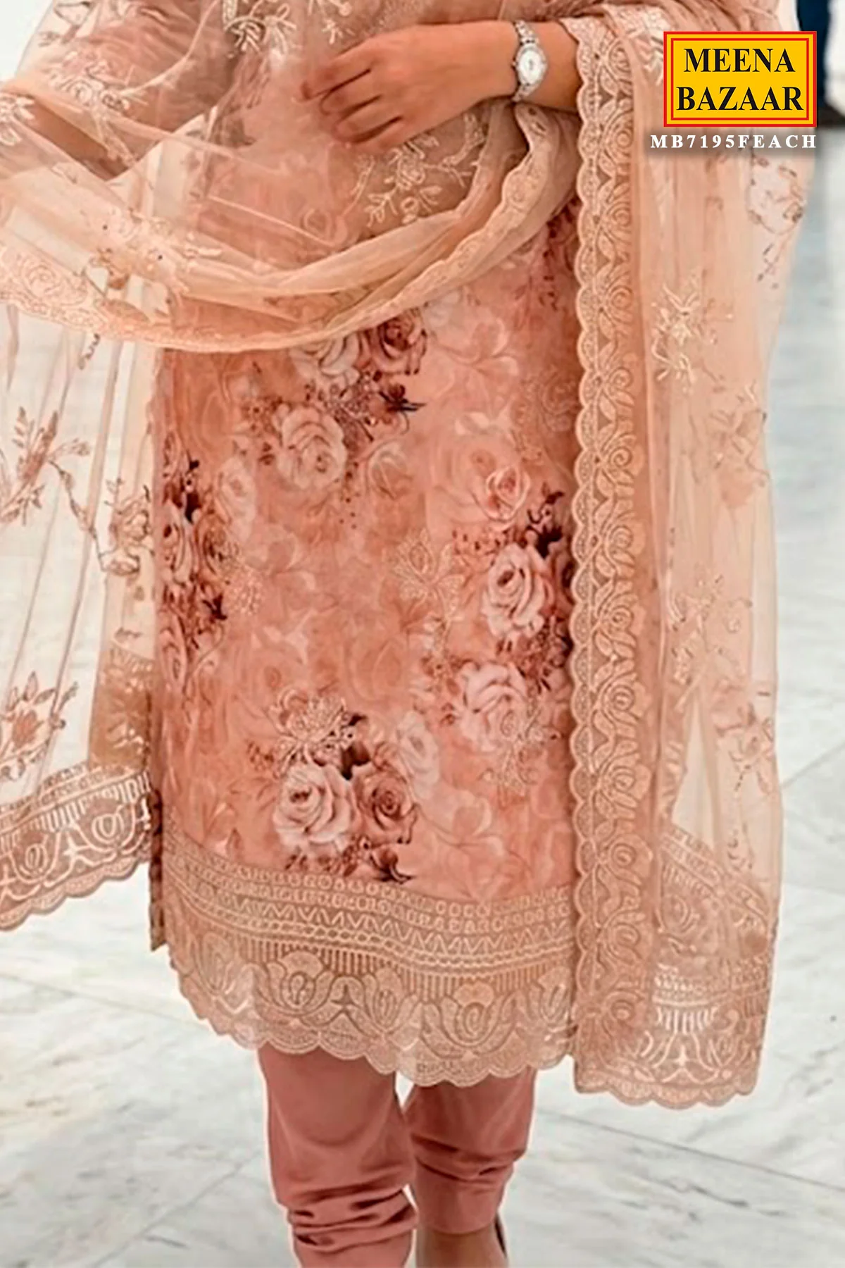 Elegant Peach Maslin Unstitched Suit with Embroidered Detailing - Image 3