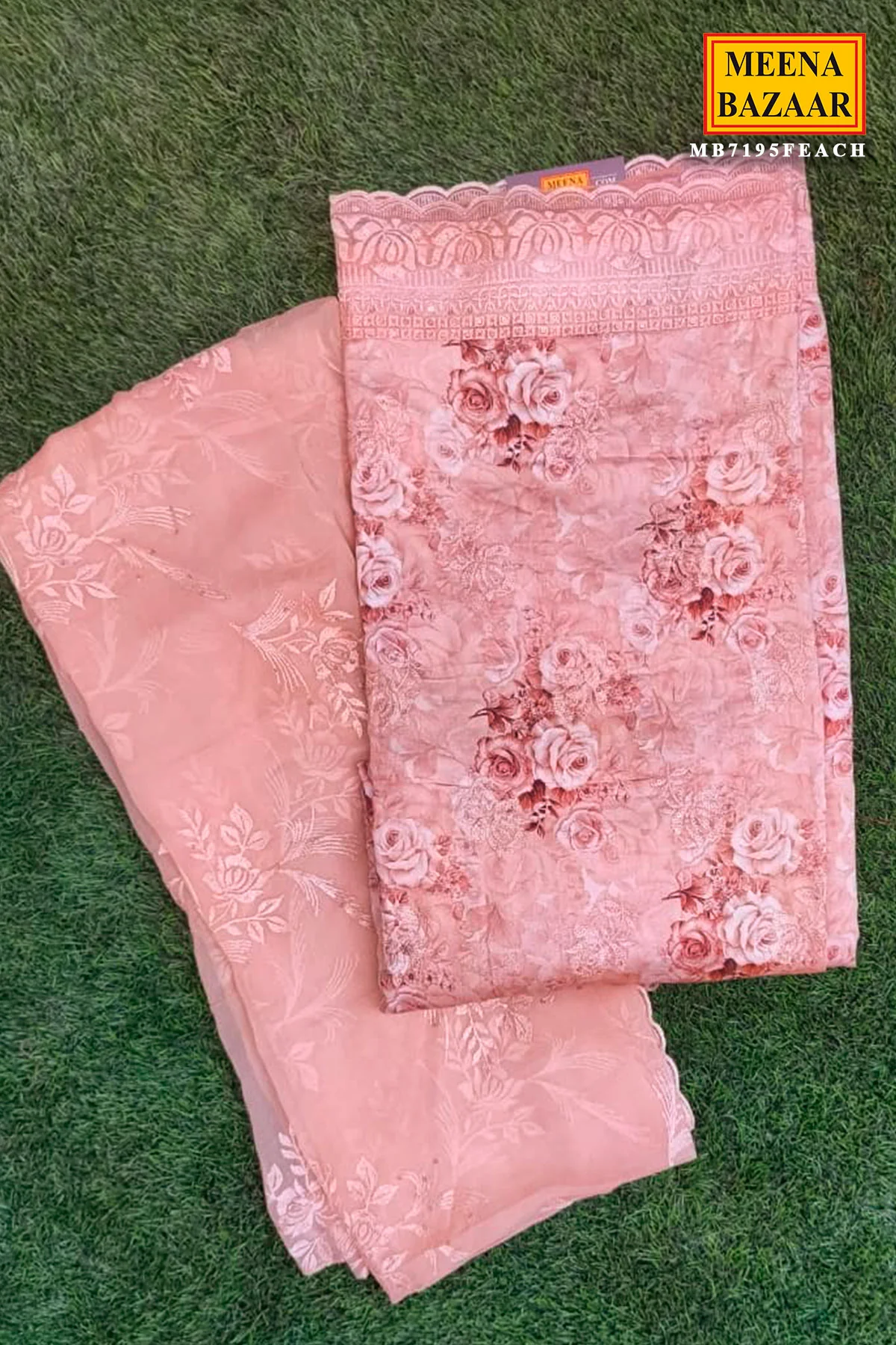 Elegant Peach Maslin Unstitched Suit with Embroidered Detailing - Image 4