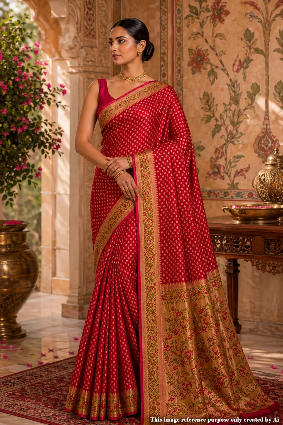 Elegant Red Khaddi Saree with Floral Border