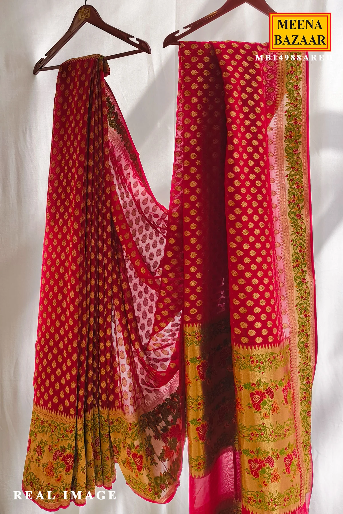 Elegant Red Khaddi Saree with Floral Border - Image 2