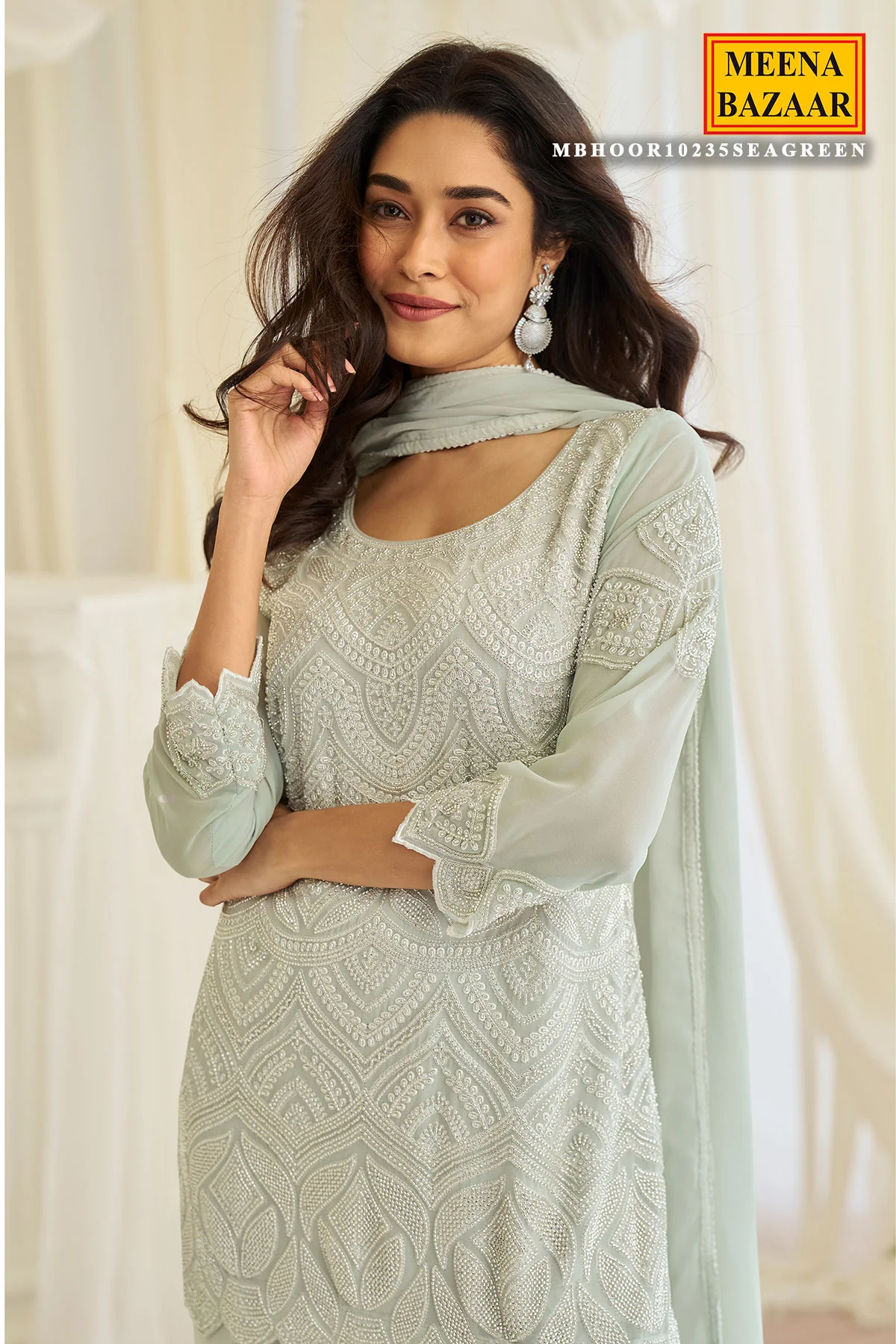 Elegant Sea Green Georgette Ready-Made Suit with Cut Dana & Thread Work - Image 2