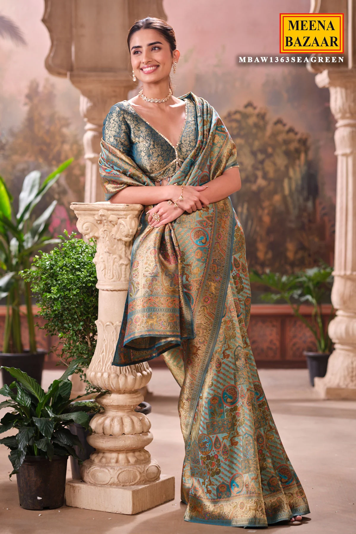 Elegant Sea Green Silk Saree with Intricate Weaving Work - Image 3