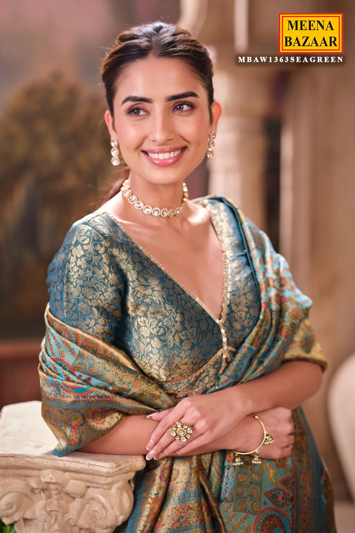 Elegant Sea Green Silk Saree with Intricate Weaving Work - Image 5