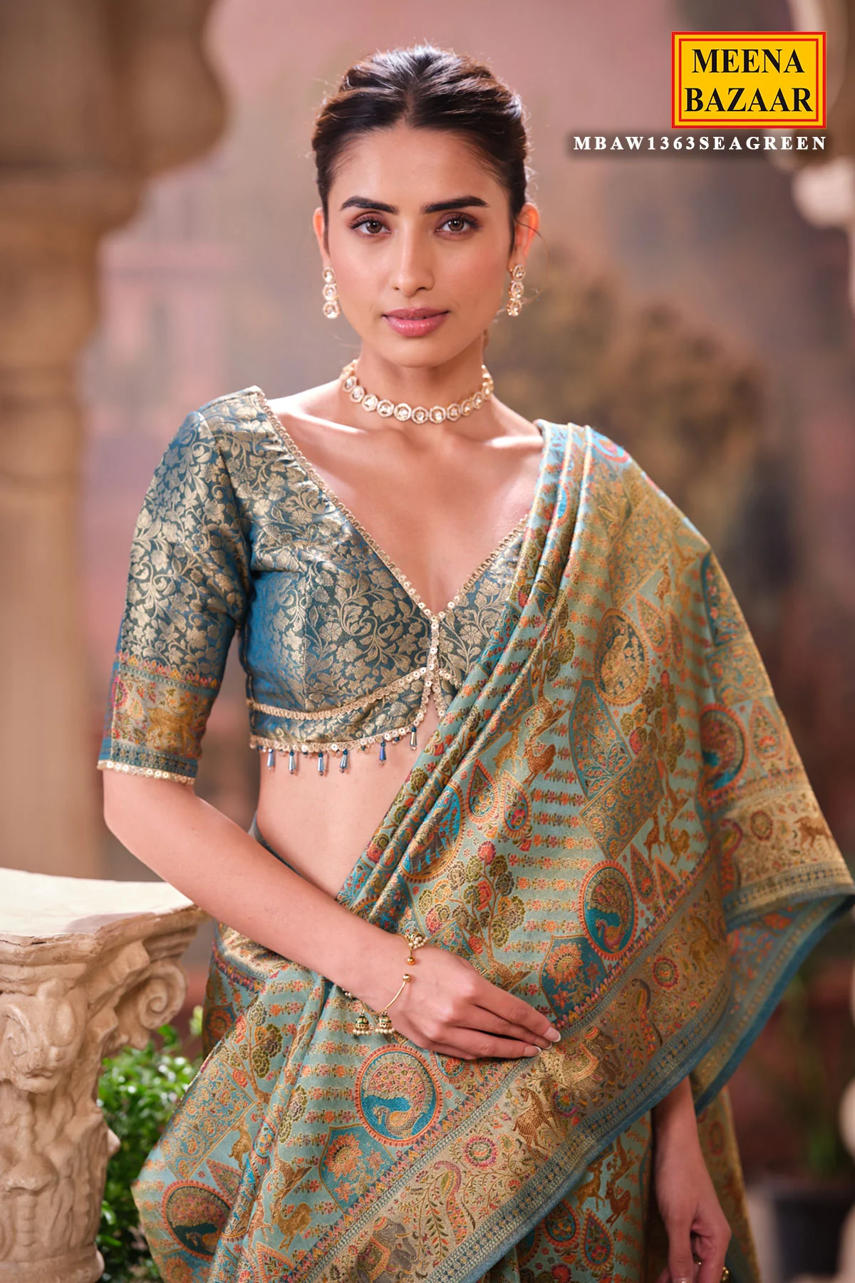 Elegant Sea Green Silk Saree with Intricate Weaving Work - Image 6