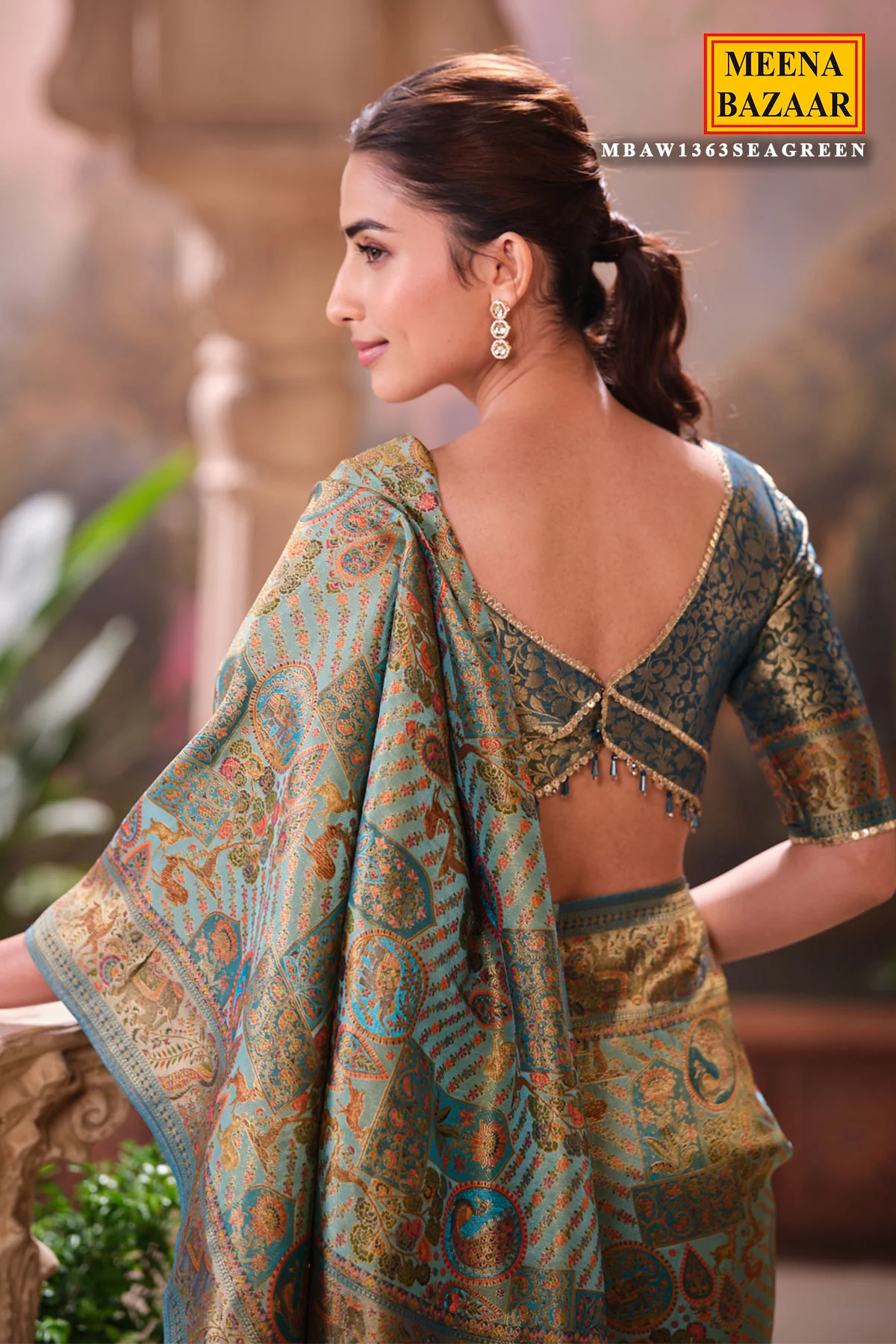 Elegant Sea Green Silk Saree with Intricate Weaving Work - Image 7