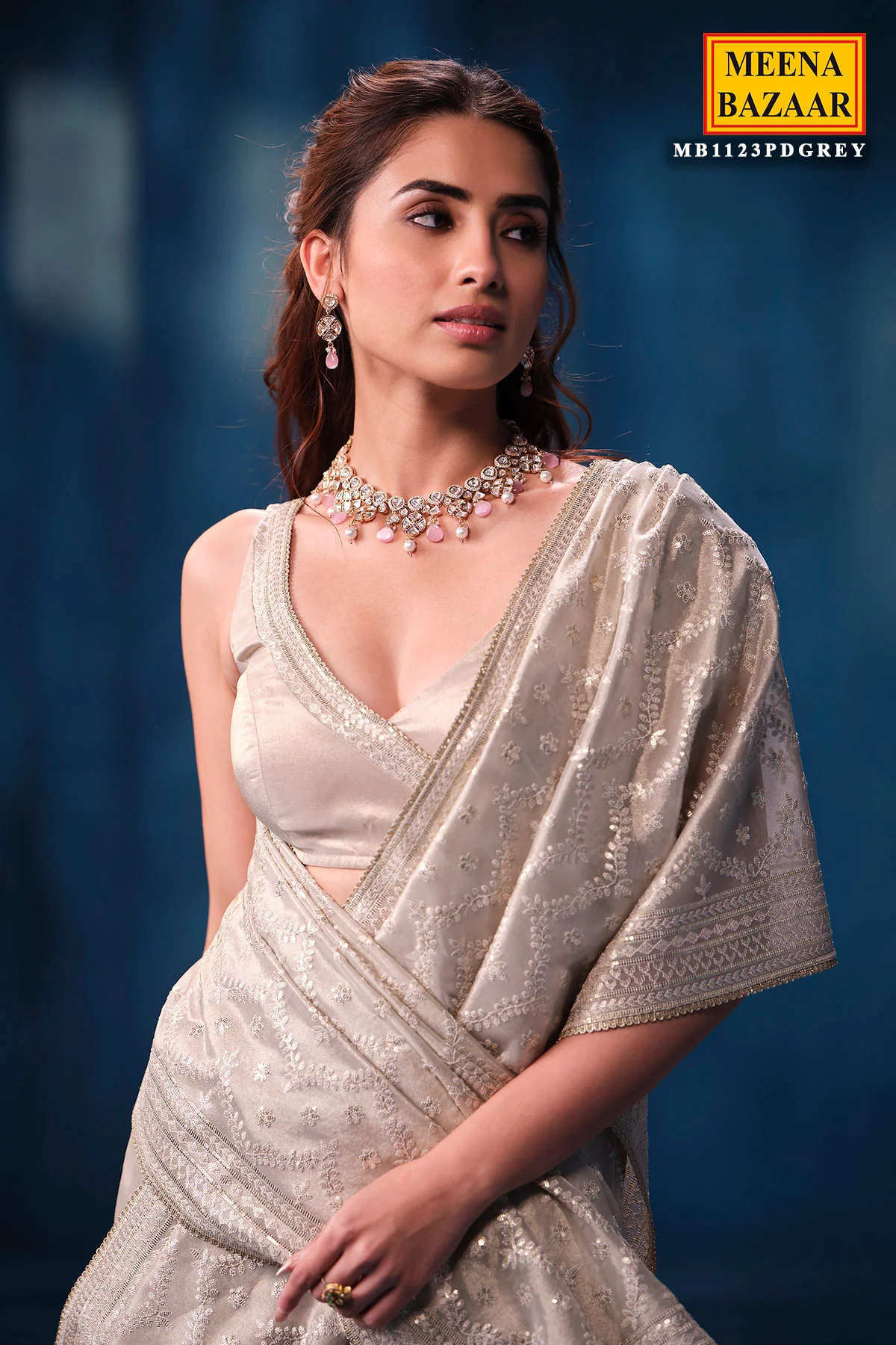 Elegant Silver Tissue Saree with Intricate Embroidery Work - Image 5