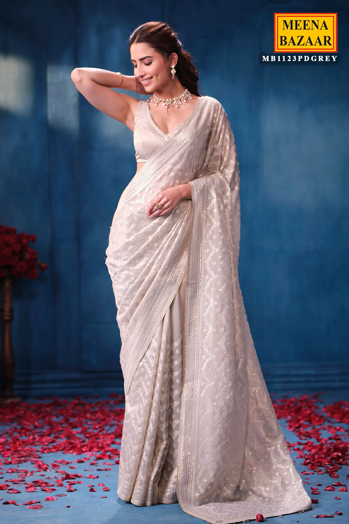 Elegant Silver Tissue Saree with Intricate Embroidery Work - Image 6