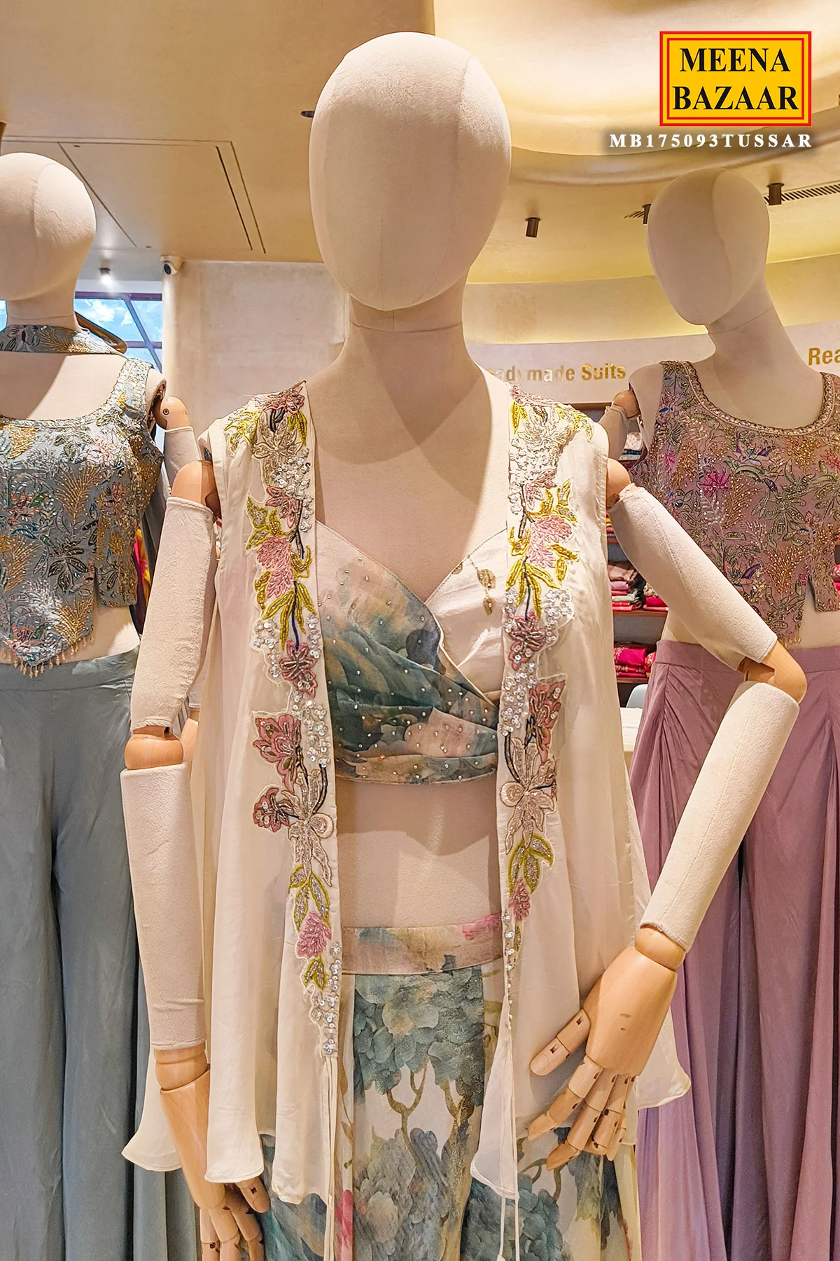 Elegant Tussar Floral Printed Indowestern Set - Image 3
