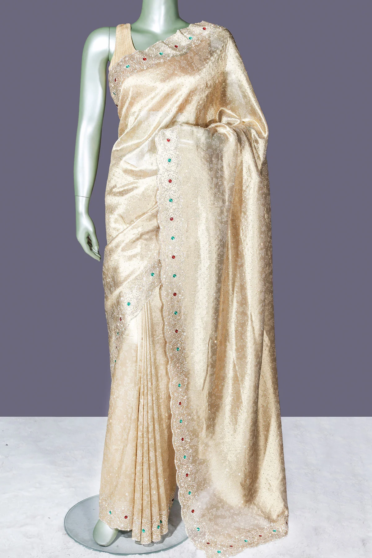Elegant Gold Shimmer Saree with Stone Work - Image 2