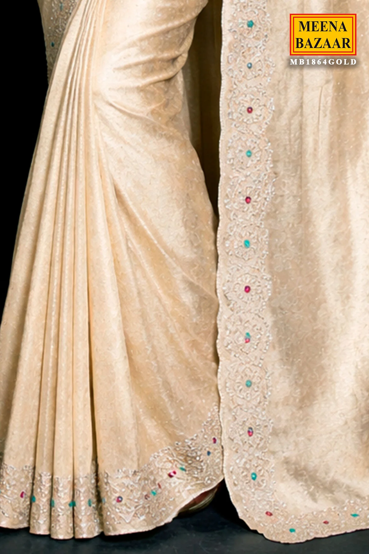 Elegant Gold Shimmer Saree with Stone Work - Image 4