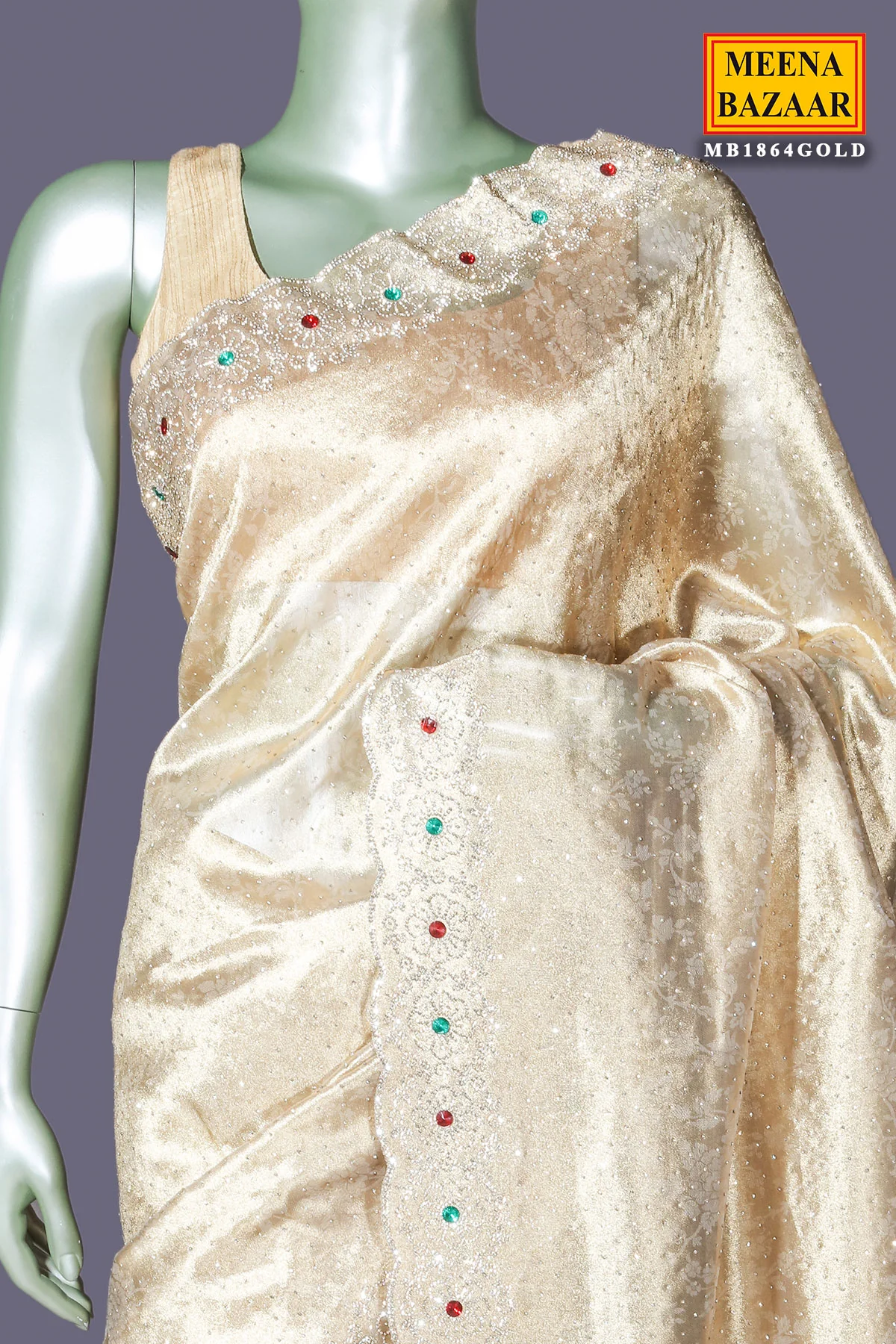 Elegant Gold Shimmer Saree with Stone Work - Image 5